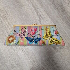 Santi Embroidered Silk Butterfly Clutch Bag Multicolor Beaded Floral Kiss Lock
